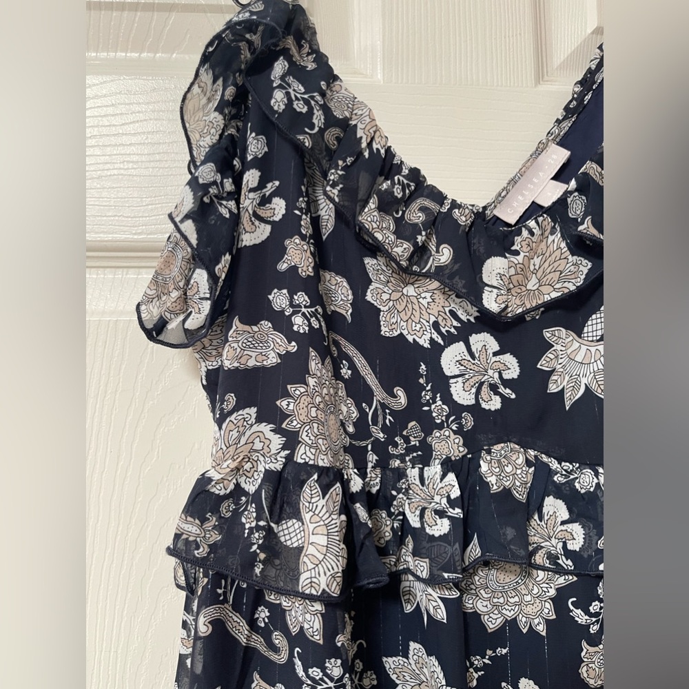CHELSEA 28 - Spaghetti Strap Navy Paisley Floral Ruffle Mini Dress Size Large - Picture 5 of 7